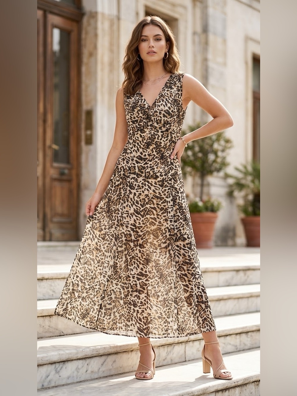 Rachel Zoe Leopard Print V-Neck Maxi Dress - Tan/Black